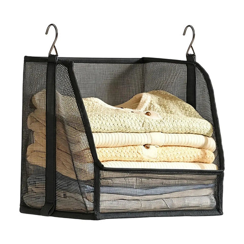 Hangable Closet Shelf Organizer With Soft Fabric Storage Bin to Safeguard Delicate Threads Tidy Dorm Rooms and Small Spaces, black fabric with folded sweaters.