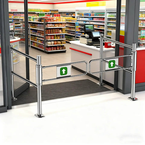 Rock Solid Automatic Swing Gate With Spring Self Closing Mechanism Heavy Duty Security Barrier For Pets Kids And Outdoor Patios - Stainless steel gate at store entrance.