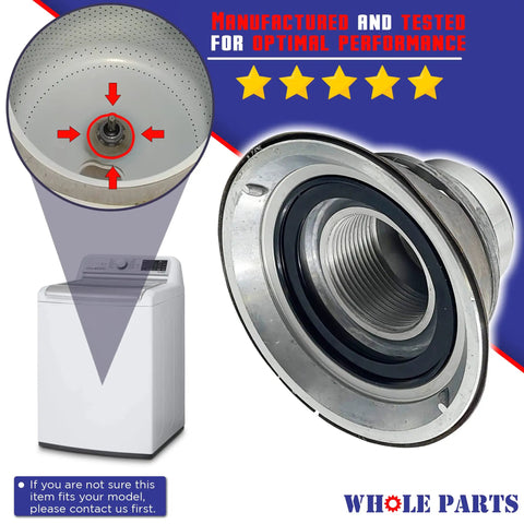 Upgraded Washer Tub Stem And Seal Repair Kit fits cross reference numbers shown with stainless steel part and washer drum.