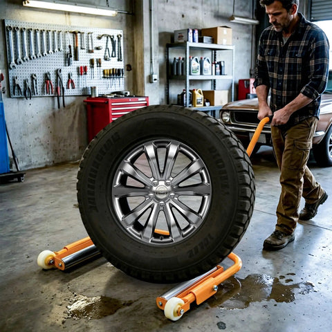 Man using a Heavy Duty Tire Dolly Rolling Cart For Fleet Trucks And Local Garages to move a large truck tire in a garage.
