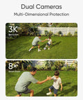 Dual-Lens 360 Coverage Outdoor Floodlight Security Cam With Pan And Tilt AI Detection And Tracking 8x Hybrid Zoom 2K And 3K Resolution 24 Seven Recording No Monthly Fee Wired Dual-Band WiFi 6 2000 Lumen showing 3K resolution and 8x zoom features over a backyard soccer game