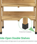 Potting Bench With Natural Wood Top And 3 Tier Shelves Outdoor Garden Workstation with close-up on protective footpads.