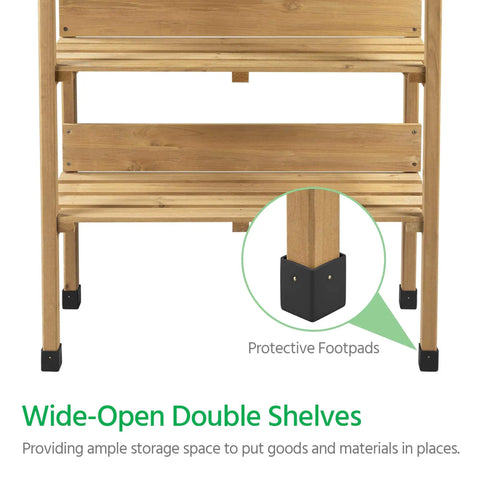 Potting Bench With Natural Wood Top And 3 Tier Shelves Outdoor Garden Workstation with close-up on protective footpads.