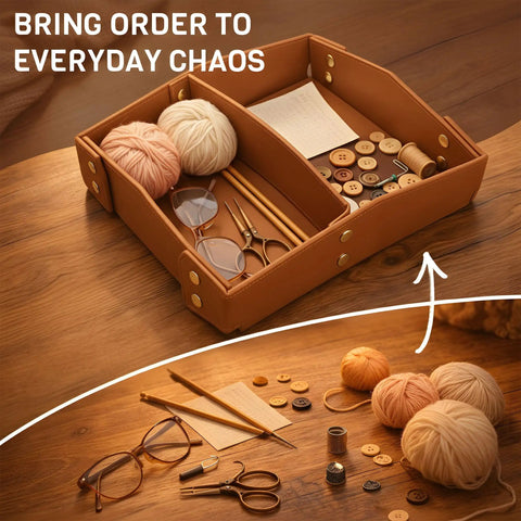 EDC Valet Tray Organizer In Saddle Tan With PU Leather Removable Divider holding yarn, buttons, glasses, and stationery on desk