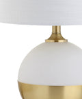 White And Brass Gold Ceramic Table Lamp With White Linen Drum Shade, Sleek Modern Glam Nightstand Light, gold finial, close-up
