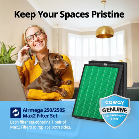 Woman holding dog with Airmega 250/250S Replacement Filter Set With Max 2 HEPA Filter And Activated Carbon Filter AP-1720-FP