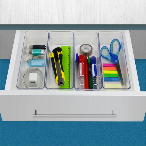 Clear Drawer Organizer Set Four Piece Modular Bins For Office Home Makeup Kitchen And Junk Drawer Storage Crystal Clear Plastic Durable And Stackable For Easy Access Boss Level Neat Drawers in open drawer with supplies