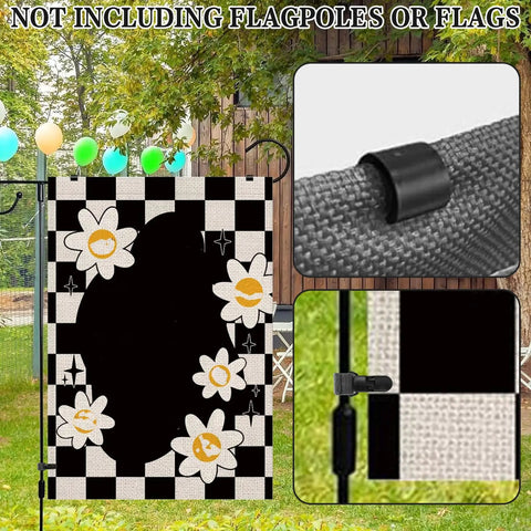 All Season Garden Flag Stoppers And Clips Kit securing checkered banner on outdoor pole