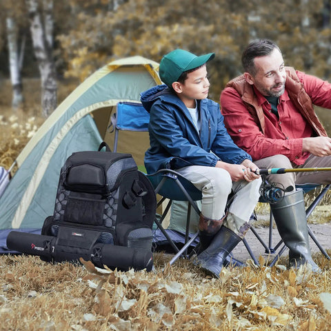Fishing Tackle Backpack With Rod Holders And Four Tackle Boxes beside campers in front of a tent, black color and outdoor setting.