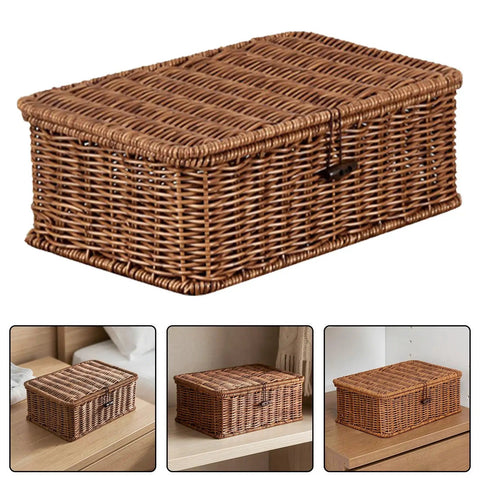 Three Piece Rectangular Woven Storage Bins With Lids Feature Slick Plastic Rattan Construction To Keep Your Home Tidy And Knocking Out Daily Clutter With Zero Hassle Prime Pick For Any Home Or Office, shown from different angles.