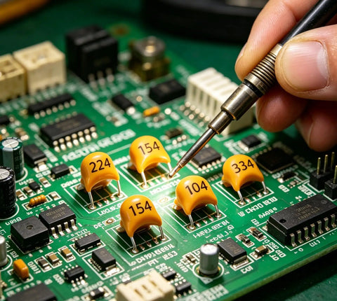 Person soldering multilayer monolithic ceramic capacitors on a circuit board, part of 500 Piece Ceramic Capacitor Assortment Kit With 10 Values 0.1 uF To 10 uF.