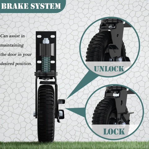Heavy Duty Eight Inch Gate Wheel With Brake Featuring Spring Shock Absorption To Roll Smooth Over Rough Terrain Without Dragging On Wooden Or Metal Tube Fences All Year Round - detailed view of brake system.
