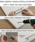 Step-by-step guide for installing Premium 5 Pack Flat Black Glass Cup Pulls with Clear Crystal Handles on cabinets.
