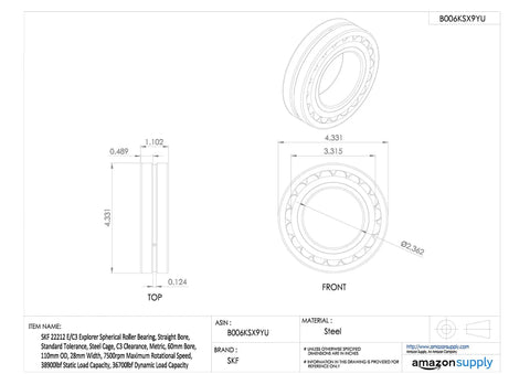 Heavy Duty Spherical Roller Bearing With 60mm Bore And 110mm Outer Diameter Built Tough With A Steel Window Cage For Rock Solid High Load Powerhouse Operation Up To 7500Rpm C3 Clearance engineering drawing with dimensions.