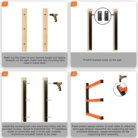 Step-by-step guide to installing Beefy Heavy Duty Lumber Storage Wall Rack Set With 3 Level Wood Organizer Mount, Steel Frame.