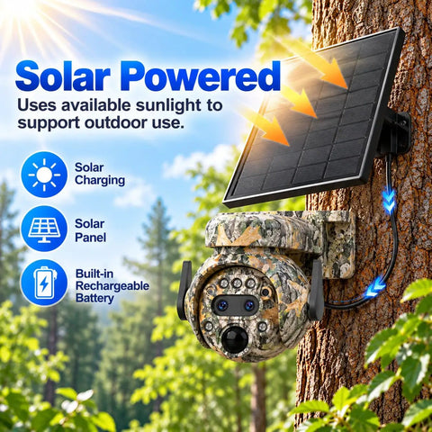 Heavy Duty Camouflage Solar Security Camera Outdoor 6Mp 12X Zoom Foolproof PIR Detection Color Night Vision Two Way Audio Ip66 Waterproof Badass Perimeter Surveillance Rig mounted on a tree with solar panel for charging.