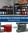 Commercial Grade Five Tier Steel Shelving Unit With Fully Adjustable Heights Rock Solid Workhorse For Warehouse And Garage Setup 2500 Lb Capacity Tough As Nails Metal Storage Rack with adjustable shelves in garage setting.