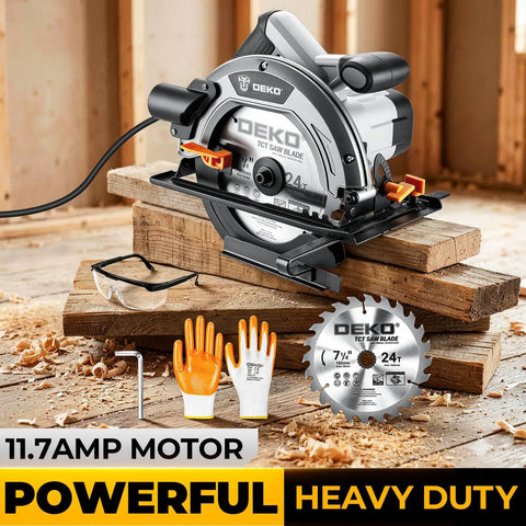 Professional Grade 7 1 4 Inch Circular Saw Featuring A Robust 1600 Watt Motor And 11 7 Amps Of Kick Ass Cutting Power For Heavy Duty Woodworking Projects At 6100 Rpm Lightweight Portable Design with blade and safety gear on wood.