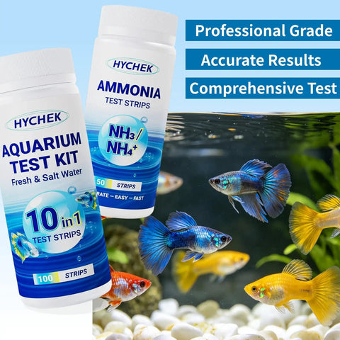 Top Shelf 12 In 1 Aquarium Water Test Strips For Fresh And Salt Water Tanks with fish swimming in clear water.