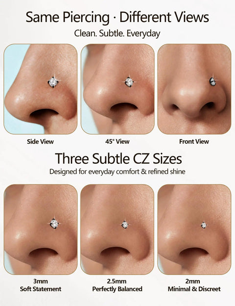 9 Piece Titanium Black Nose Studs Set with L Shaped Straight and Corkscrew Designs for Sensitive Skin Includes 20G Surgical Grade G23 Titanium Nostril Rings Featuring Sparkling Diamond CZ showcased in different views on nose.