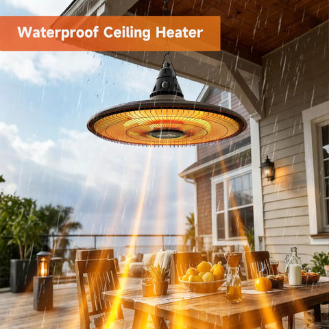 1500W Infrared Ceiling Outdoor Heater With Quick 1 Second Heat Wall Mounted Hanging Patio Heater For Gazebo And Balcony 360 Degree Heating Weatherproof Brown Finish For Year Round Outdoor Comfort installed under patio roof