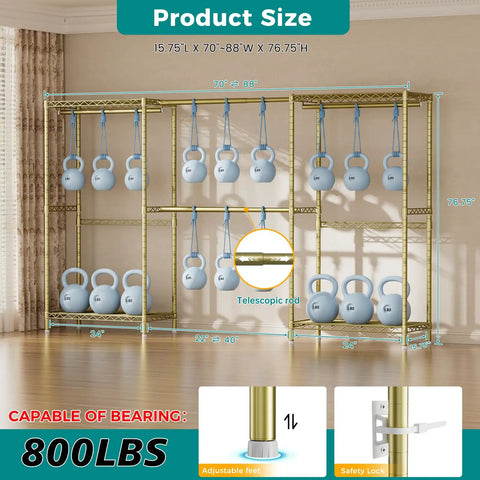 Kickass Heavy Duty Portable Closet Rack With Adjustable Metal Shelves Freestanding Clothes Organizer showing dimensions and kettlebells.