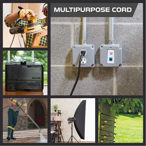 Image showing 100 Ft Heavy Duty Extension Cord Black 14 Gauge SJTW Outdoor Power Cable in use for various applications.