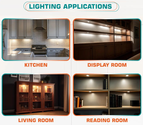 Under Cabinet Lighting Kit Easy Install with Dimmable Wireless RF Remote for Curio Display Case LED Puck Lights shown in rooms