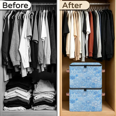Heavy Duty Waterproof Polyester Storage Containers With A Slick Two Way Zipper Closure And Blue White Snowflake Design organizing a closet.