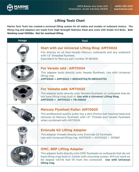 Marine lifting tools chart with adapters and pullers for outboard motors, including Verado and Yamaha options with threaded flywheels.