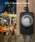 Tough As Nails 24 Hour Mechanical Outdoor Plug In Timer Waterproof Heavy Duty Weatherproof Dual Outlet 4 Pack For Christmas Lights Pool Pumps No Sweat Setup Daily Scheduling with two outlets and a circular timer.