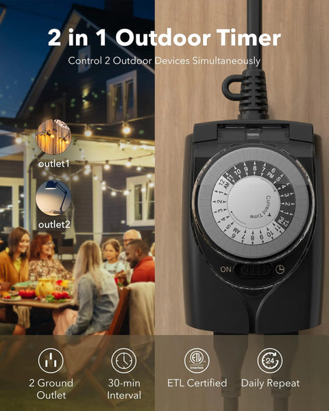 Tough As Nails 24 Hour Mechanical Outdoor Plug In Timer Waterproof Heavy Duty Weatherproof Dual Outlet 4 Pack For Christmas Lights Pool Pumps No Sweat Setup Daily Scheduling with two outlets and a circular timer.