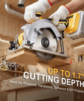 5.5 Inch Cordless Circular Saw Tool Only Compatible With DeWalt 20V Max Batteries cutting through wood, showcasing 1.7" depth capability.