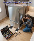 Top Tier Heavy Duty Appliance Sliders With Long Pull Strap And Grippy Moving Gloves under a fridge in a kitchen with tools nearby.