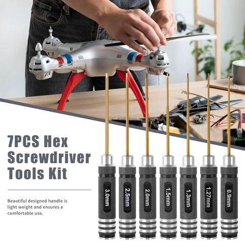 Heavy Duty Pro Grade Titanium Coated Hex Screwdriver Kit With Seven Precision Steel Bits For Fpv Racing Drones Rc Helicopters And Watercraft Hassle Free Tuning Gear, shown with a drone and tools.