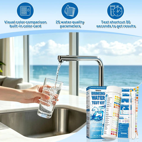 25 In 1 Drinking Water Test Kit Arrives With 155 Strips Plus 2 Bacteria Tests for home water testing in a kitchen setting.