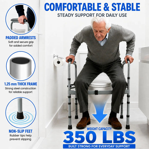 Heavy Duty Foldable Toilet Safety Rails For Seniors With Adjustable Height Bars making sit and stand tasks a total breeze, showing use in bathroom.