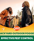 Outdoor Insect And Mosquito Fogger Kills And Repels Bugs In Your Yard With Two People Enjoying Pest-Free Backyard Hangout