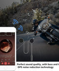 Motorcycle Helmet Bluetooth Headset with Waterproof Sports Sound System Hands Free Music and Call Control Auto Answer 60 Hour Play Time Clear HiFi Audio Dual Device Pairing Solid 20 Meter Range for Riding shown on a motorcycle with connected smartphone and music symbols.