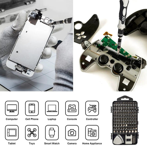 Real Deal Precision Screwdriver Set Featuring 124 Tools Including 101 Driver Bits For Slick Electronics Mobile Phone Laptop And Gaming Console Repairs, shown fixing mobile device and gaming controller.