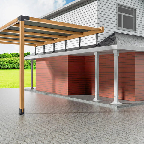 Kickstart Your Backyard Setup With These Dang Solid Heavy Duty Roof Riser Brackets Adjustable Angle Pergola Connector Kit Rust Proof Steel patio cover in modern backyard.