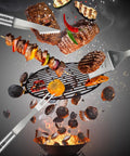 19Pcs Fathers Day BBQ Grill Tools Set With Apron Portable Bag Heavy Duty Stainless Steel Utensils in action over flames.