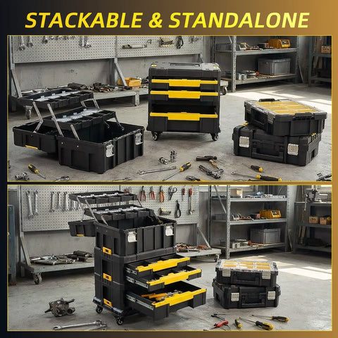 Rolling Tool Box With Wheels, 4-In-1 Modular Organizer System, Stackable Tool Chests With Drawers in a garage setting