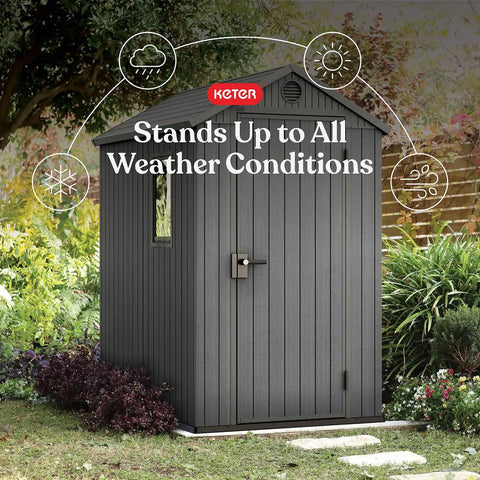 Lockable Resin Outdoor Storage Shed Graphite Gray Four By Six Feet weather resistant in garden setting.