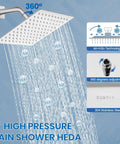 Rain Shower System With 8 Inch Square Showerhead, Easy Install 1-Handle Trim Kit, Chrome Finish, diagram showing features like Air+H2O technology and 360-degree adjustment.