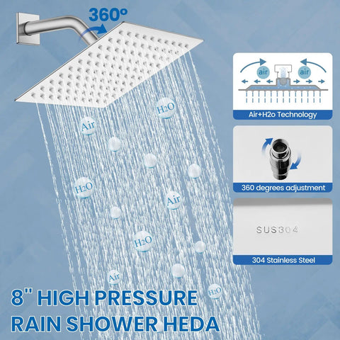 Rain Shower System With 8 Inch Square Showerhead, Easy Install 1-Handle Trim Kit, Chrome Finish, diagram showing features like Air+H2O technology and 360-degree adjustment.