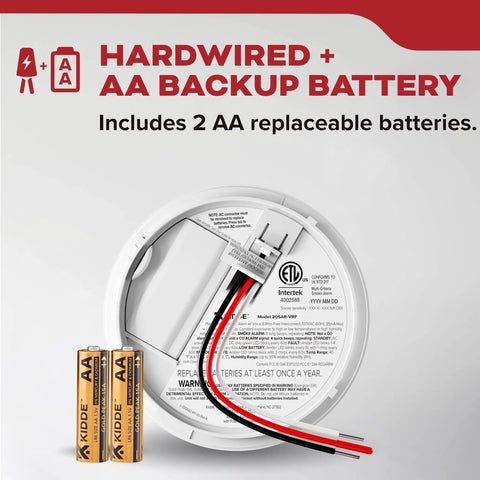 Hardwired smoke detector showing AA backup battery compartment with 2 replaceable AA batteries.