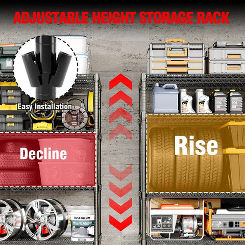 Adjustable height image of Heavy Duty 2640 Pound Storage Shelves With Wheels, 71 Inch Tall Commercial Garage Shelving Unit.
