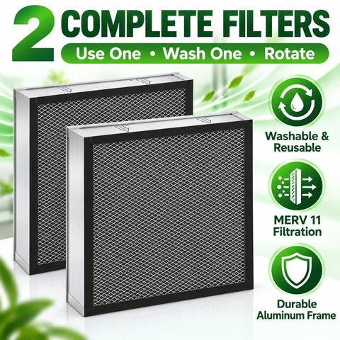 Top Shelf 10 By 10 By 2 Inch Merv 11 Washable Aluminum Hvac Air Filters 2 Pack showcasing dual filters with aluminum frames.