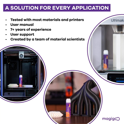 Heavy Duty 3D Printer Adhesive For Flexible Filaments To Knock Out Warping On Flex Plate And PEI Build Plates With Easy Shake Application For Rock Solid Bond And Print Like A Dream Results 50Ml displayed on a 3D printer with user manual.